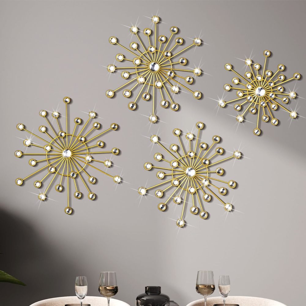 4 Pcs Metal Wall Decor Bling Crystal Wall Art Cast Iron Rhinestones Sunburst😛